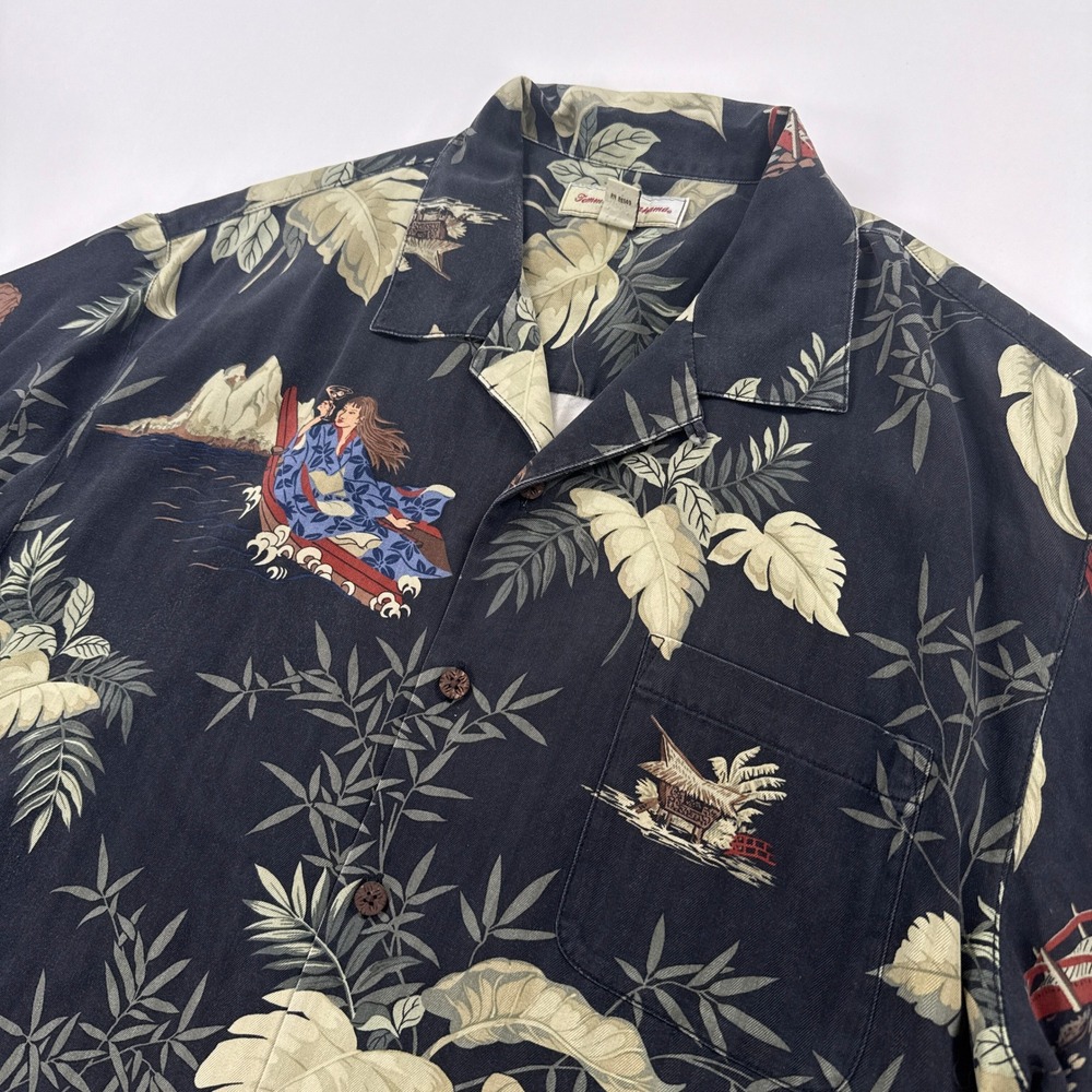 Tommy Bahama Silk Camp Shirt Mens L Geisha Cocktail Boat Hawaiian Island Black